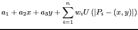 $\displaystyle a_1 + a_2 x + a_3 y + \sum_{i=1}^{n}{w_i U\left(\left\vert P_i - (x,y) \right\vert\right)}$