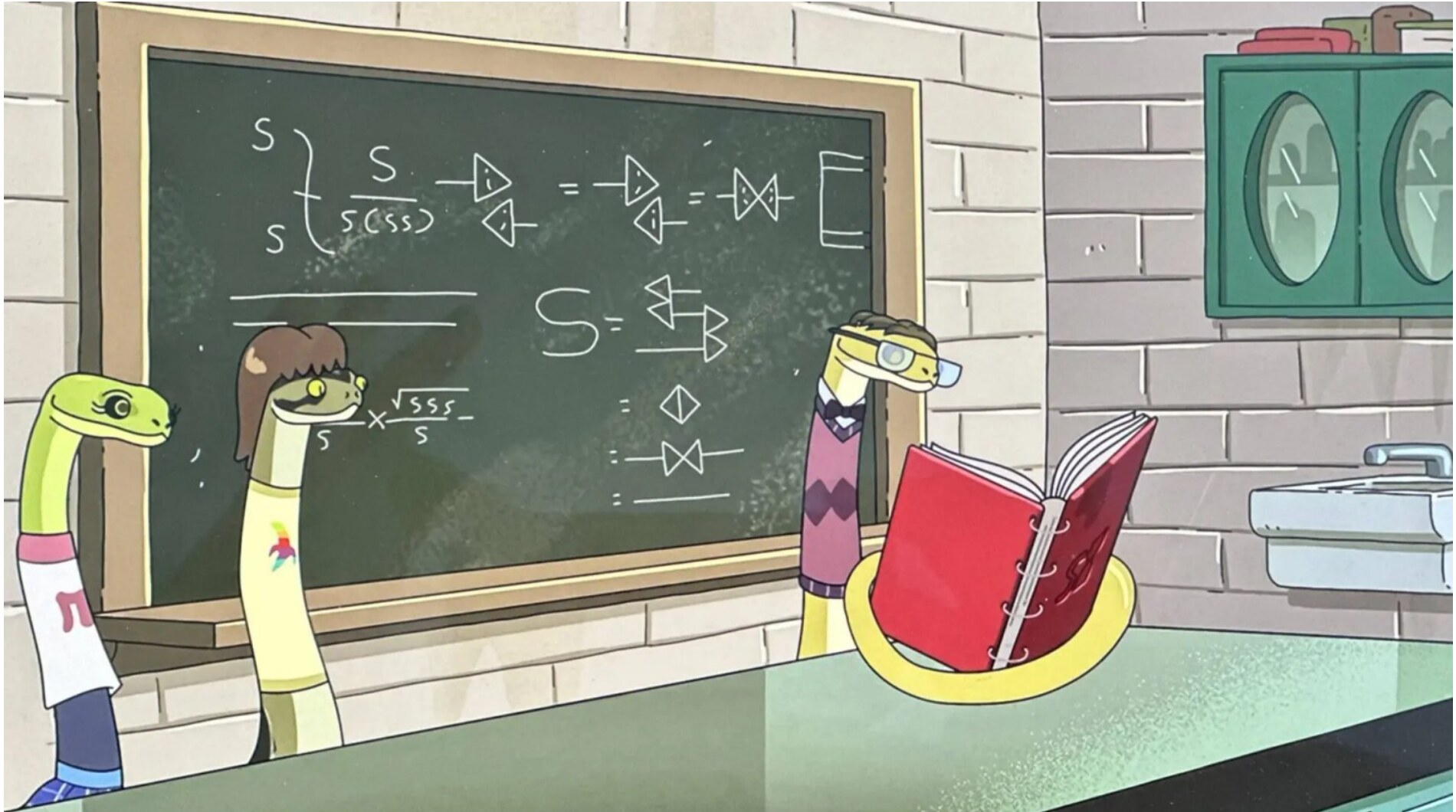 A Rick and Morty classroom scene in which the snake equation and tensor diagrams appear on a blackboard.